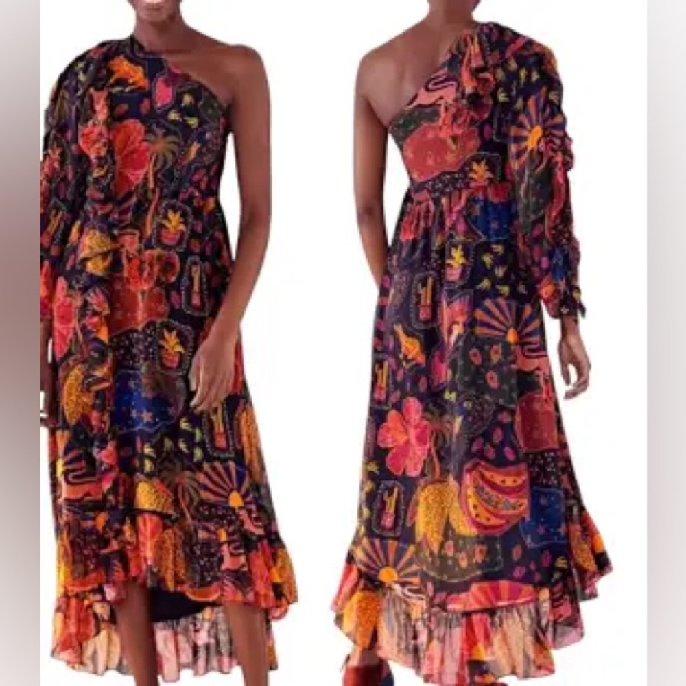 NWT Farm Rio One-Shoulder Floral Printed Midi Dress in Black and Multi
